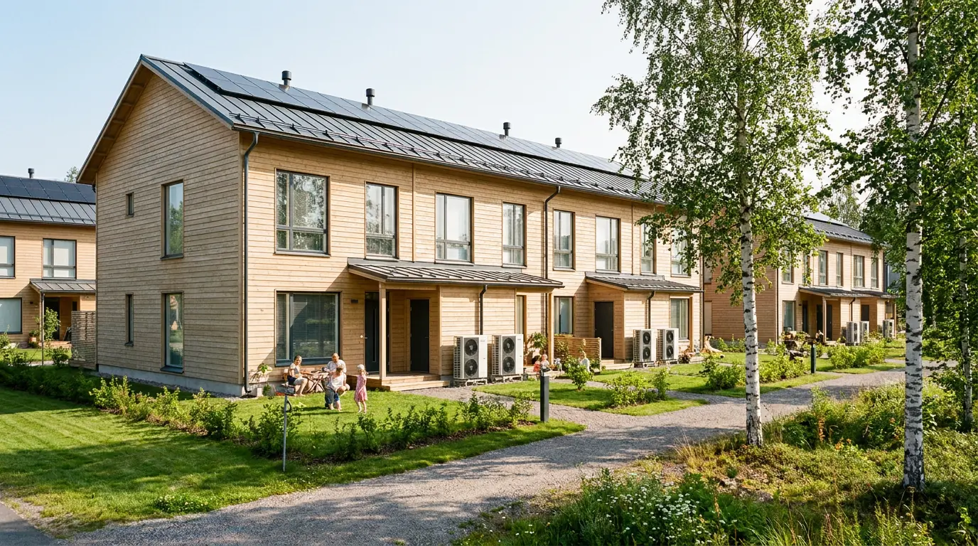 AI-luotu havainnekuva: Suomalainen rivitaloyhtiö, jossa on lämpöpumppujärjestelmä ja katoilla aurinkosähköä