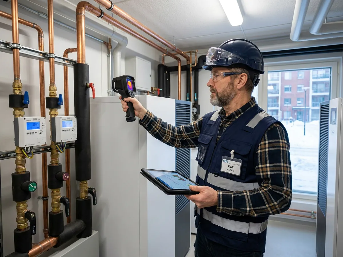 AI-luotu havainnekuva: FISE-auktorisoitu energiasuunnittelija kartoittamassa taloyhtiön lämmönjakohuonetta