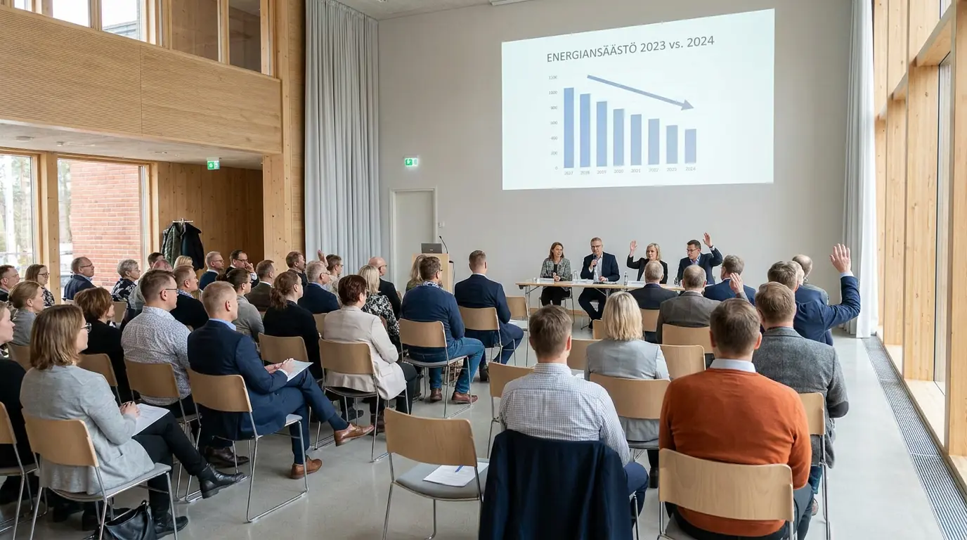 AI-luotu havainnekuva: Taloyhtiön yhtiökokous käynnissä, jossa osakkaat äänestävät energiaremontin toteutuksesta ja avustushakemuksesta